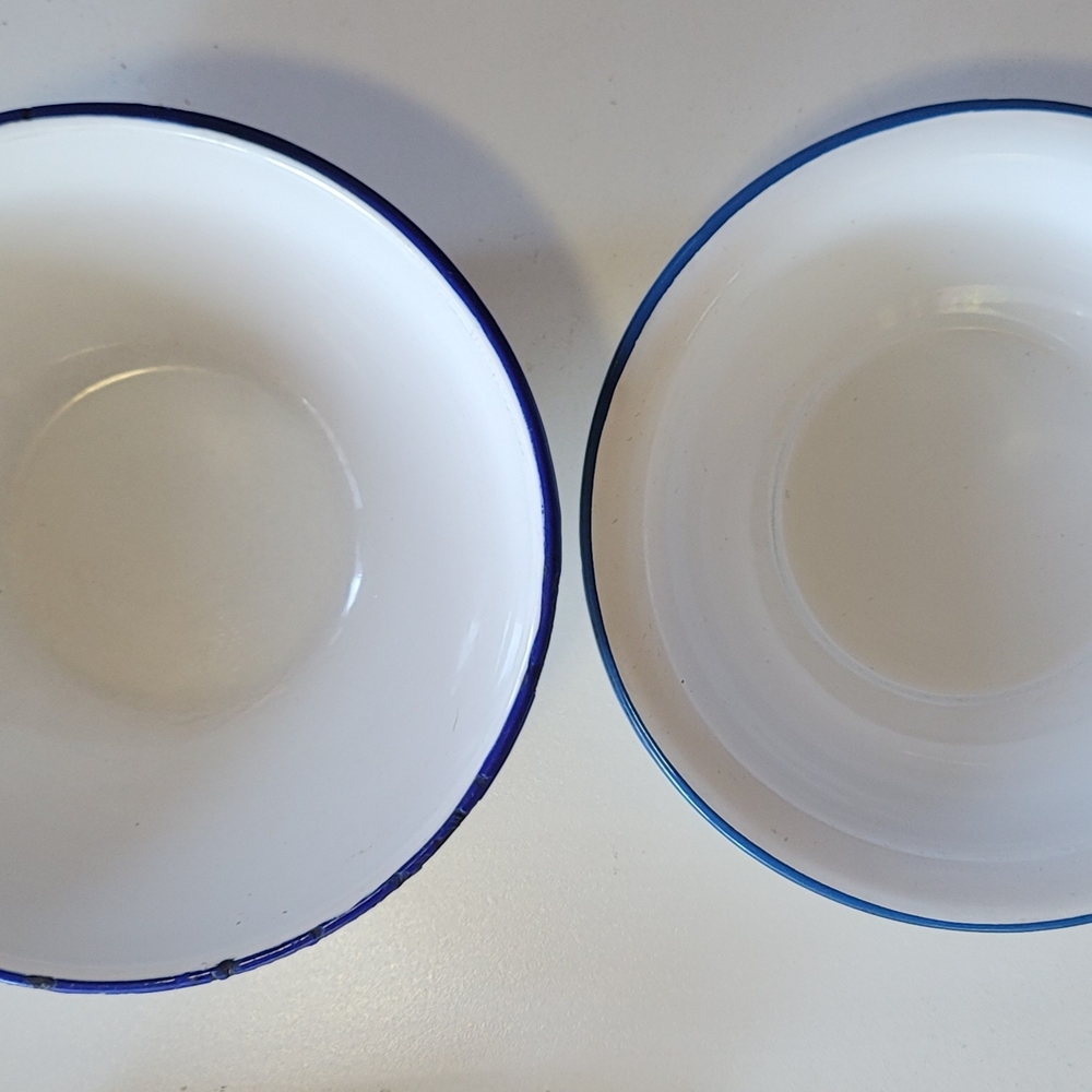 Vintage White Enamelware Bowls Blue Rim 8” & 8.5” Set of 2